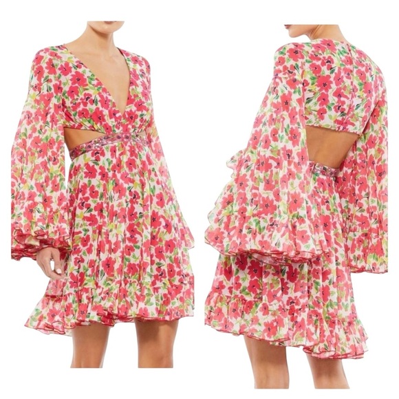 Mac Duggal 9158 Floral Chiffon Cutout Mini Dress Bell Sleeves Size 4 NWT - Picture 1 of 5
